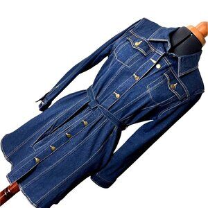 Bedford Fair Womens Denim Button-Down Long-Sleeve Belted Shirt Dress S